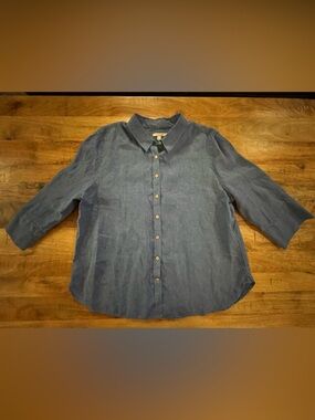 Chico's Blue 3/4 Sleeve Linen Button-Front Blouse